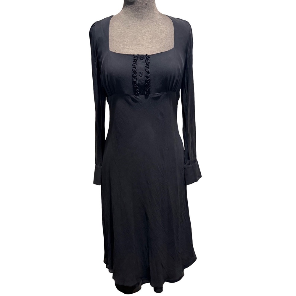 Express Vintage 100% Silk Black Midi Dress Square Neck Ruffle Sheer Sleeve 13/14